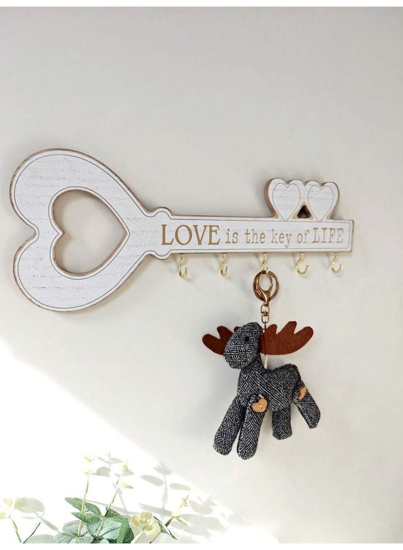 1 White Love Is the Key of Life Wall Key Holder – Wooden Key-Shaped Wall Decor with Hooks – Rustic Home Entryway Key Rack – Romantic House Organizer - Image 1